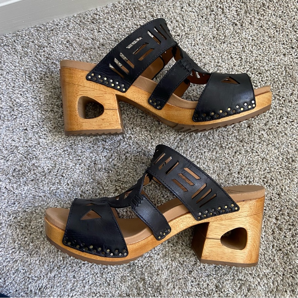 Dansko Black Leather Cutout Studded Wooden Heel Sandals